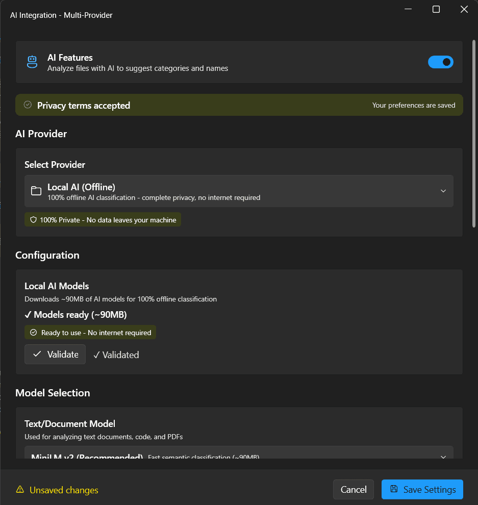 AutoDrop privacy settings showing Local AI offline mode selected with no cloud dependency